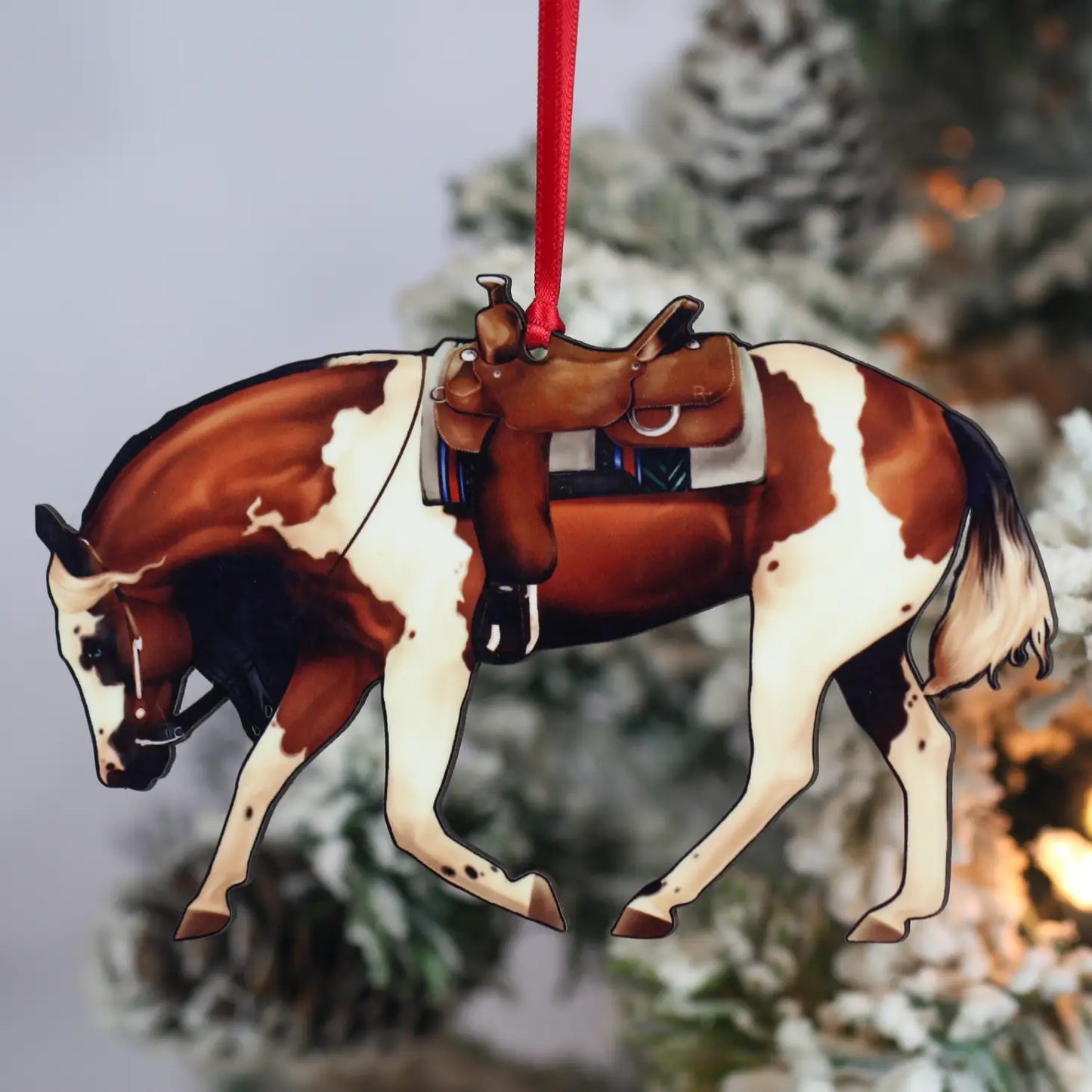 Bay Tobiano Reining Horse Christmas Tree Ornament - Sparkling Cowgirl