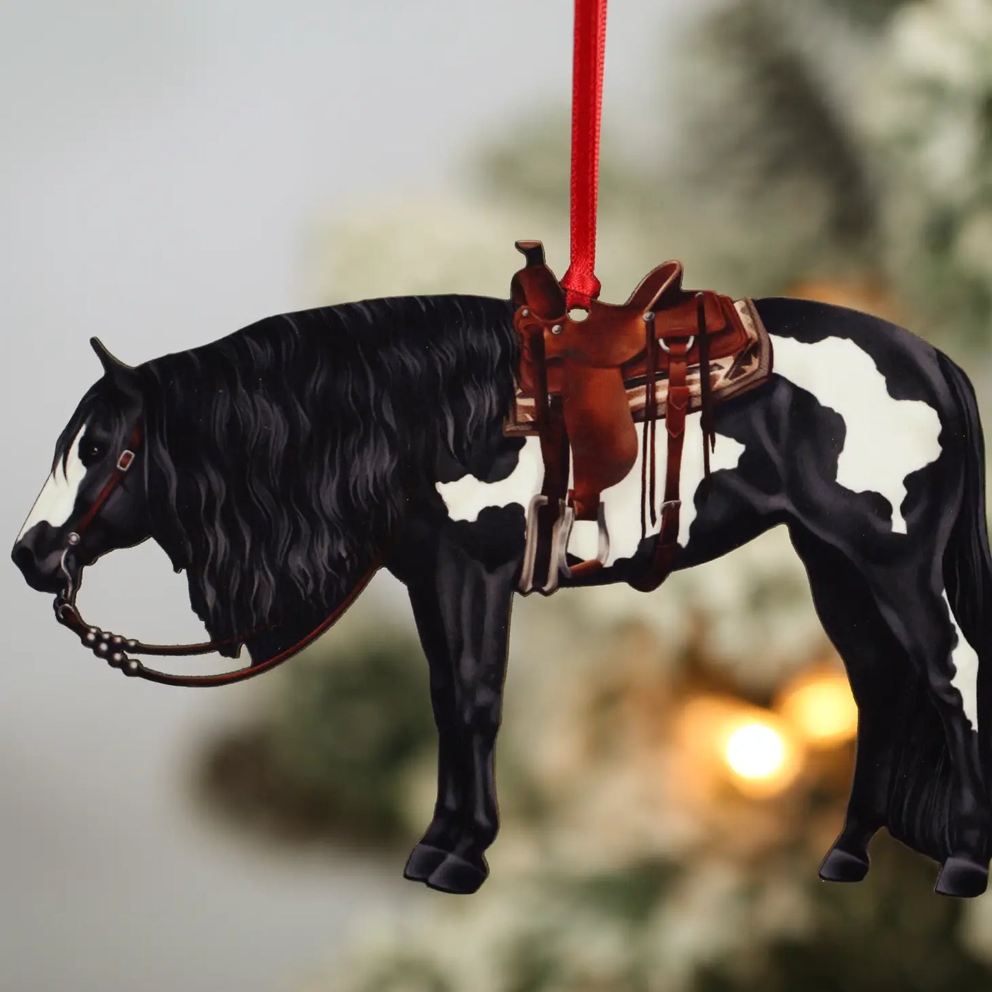 Black Overo Western Ranch Pleasure Horse Christmas Tree Ornament - Sparkling Cowgirl