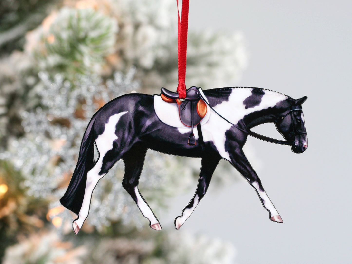 Black Tobiano Hunter Horse Christmas Tree Ornament - Sparkling Cowgirl