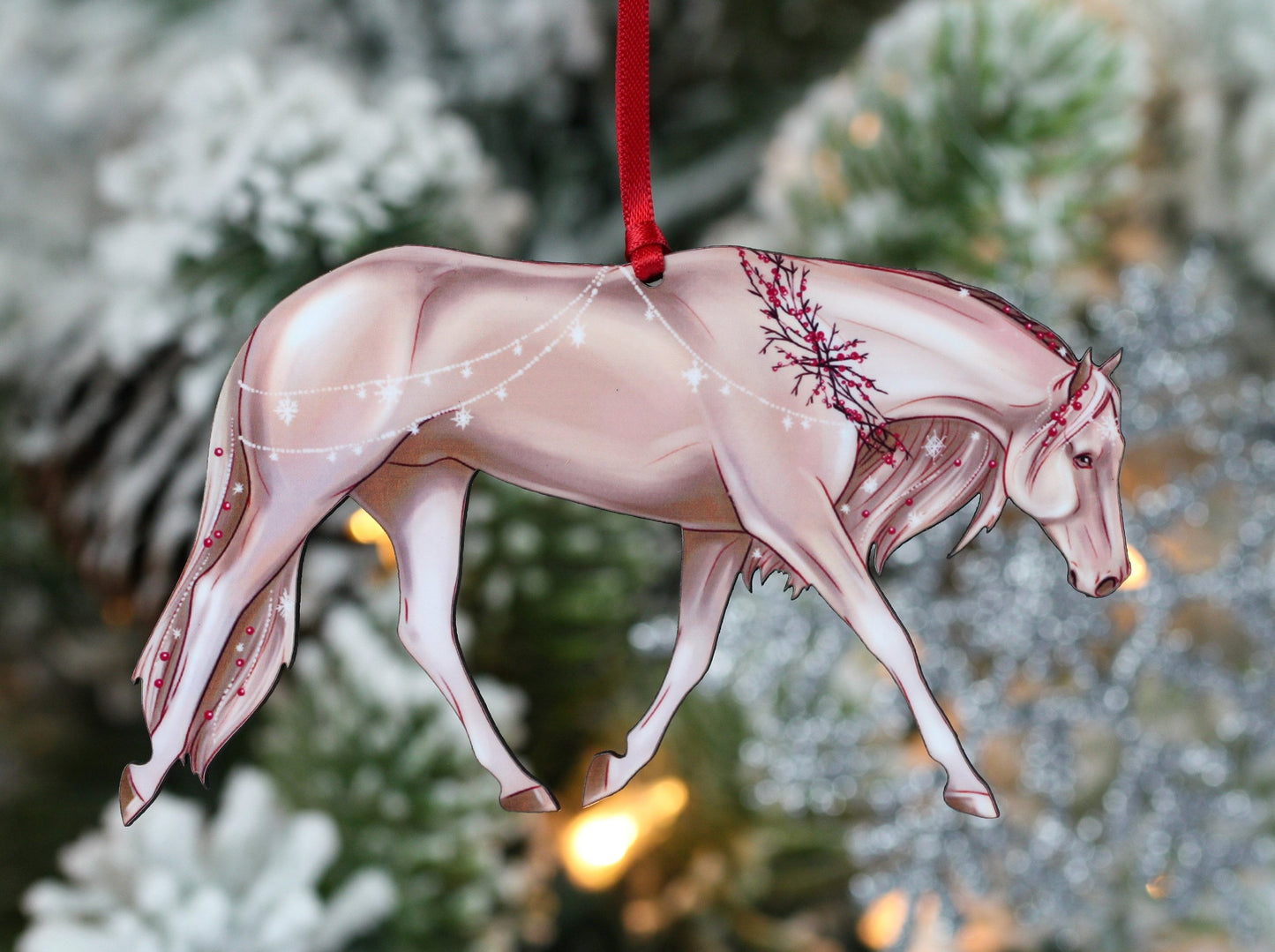 Quarter Horse Christmas Ornament - Adorned in Snowflakes and Berries - Sparkling Cowgirl