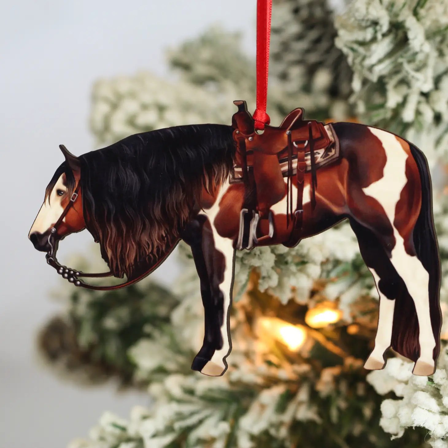 Bay Tobiano Western Ranch Horse Christmas Tree Ornament - Sparkling Cowgirl