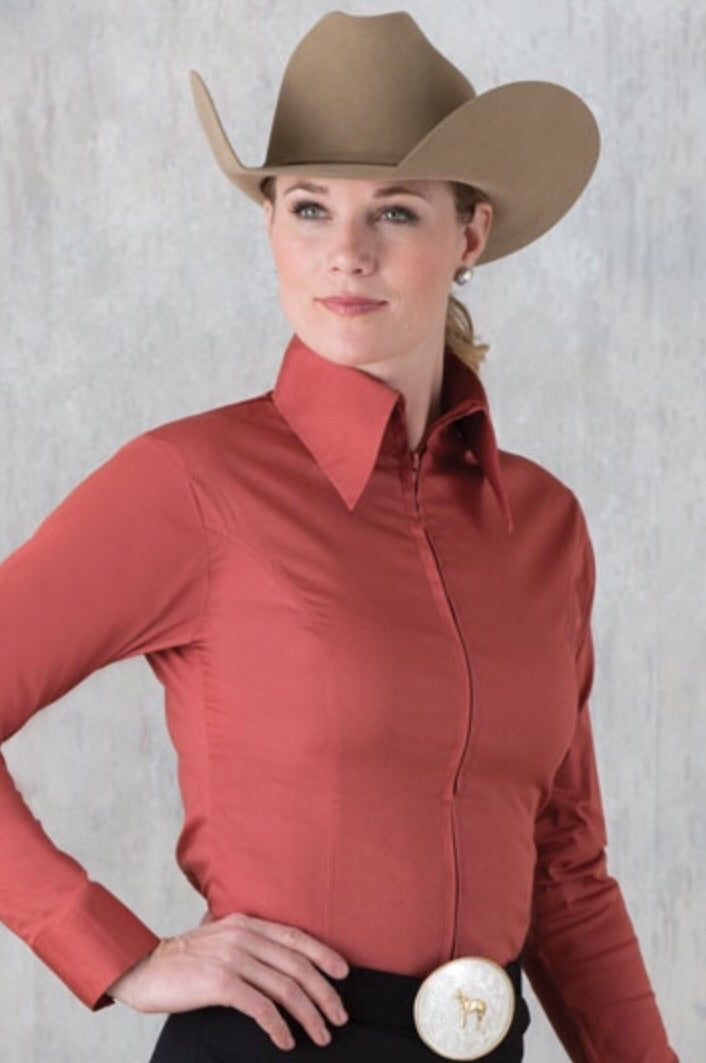 Rust Fitted Zip Front Show Shirt - Sparkling Cowgirl