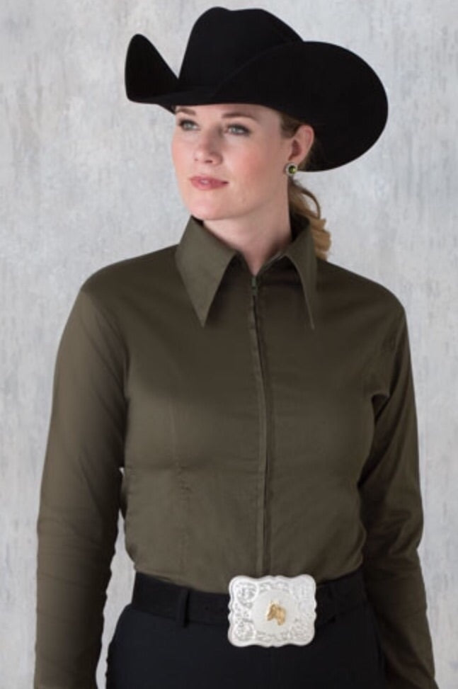 Olive Fitted Zip Front Show Shirt - Sparkling Cowgirl