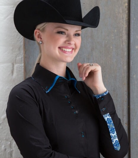2 Tone Double Collar Black Button Show Top - Sparkling Cowgirl