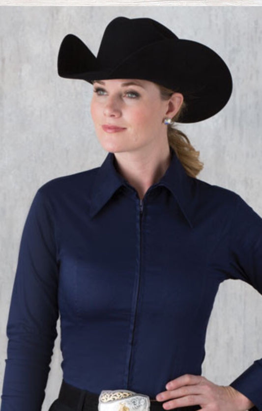 Navy Fitted Zip Front Show Shirt - Sparkling Cowgirl