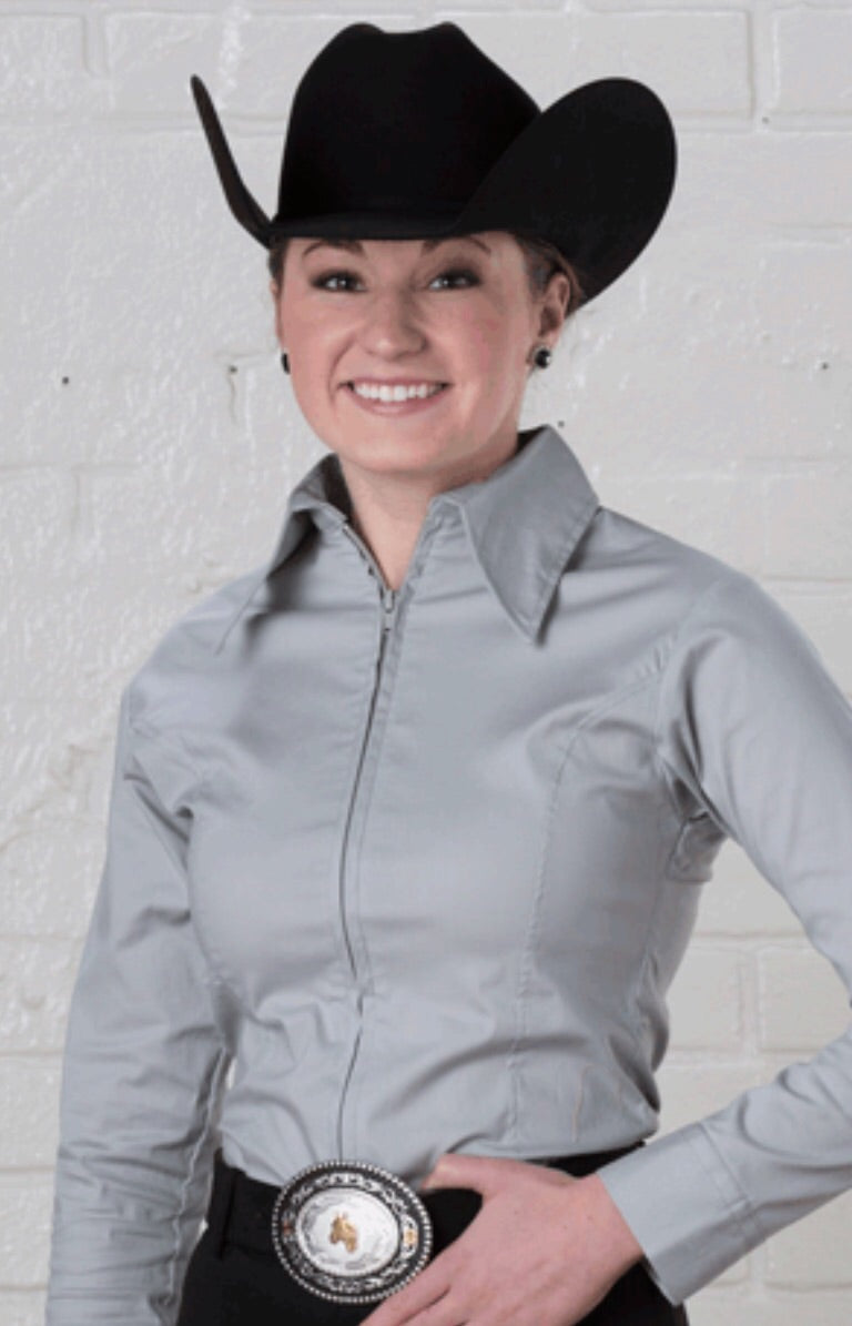 Light Grey Fitted Zip Front Show Shirt - Sparkling Cowgirl