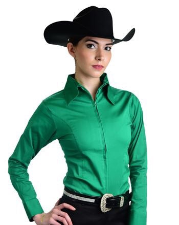 Kelly Green Fitted Zip Front Show Shirt - Sparkling Cowgirl